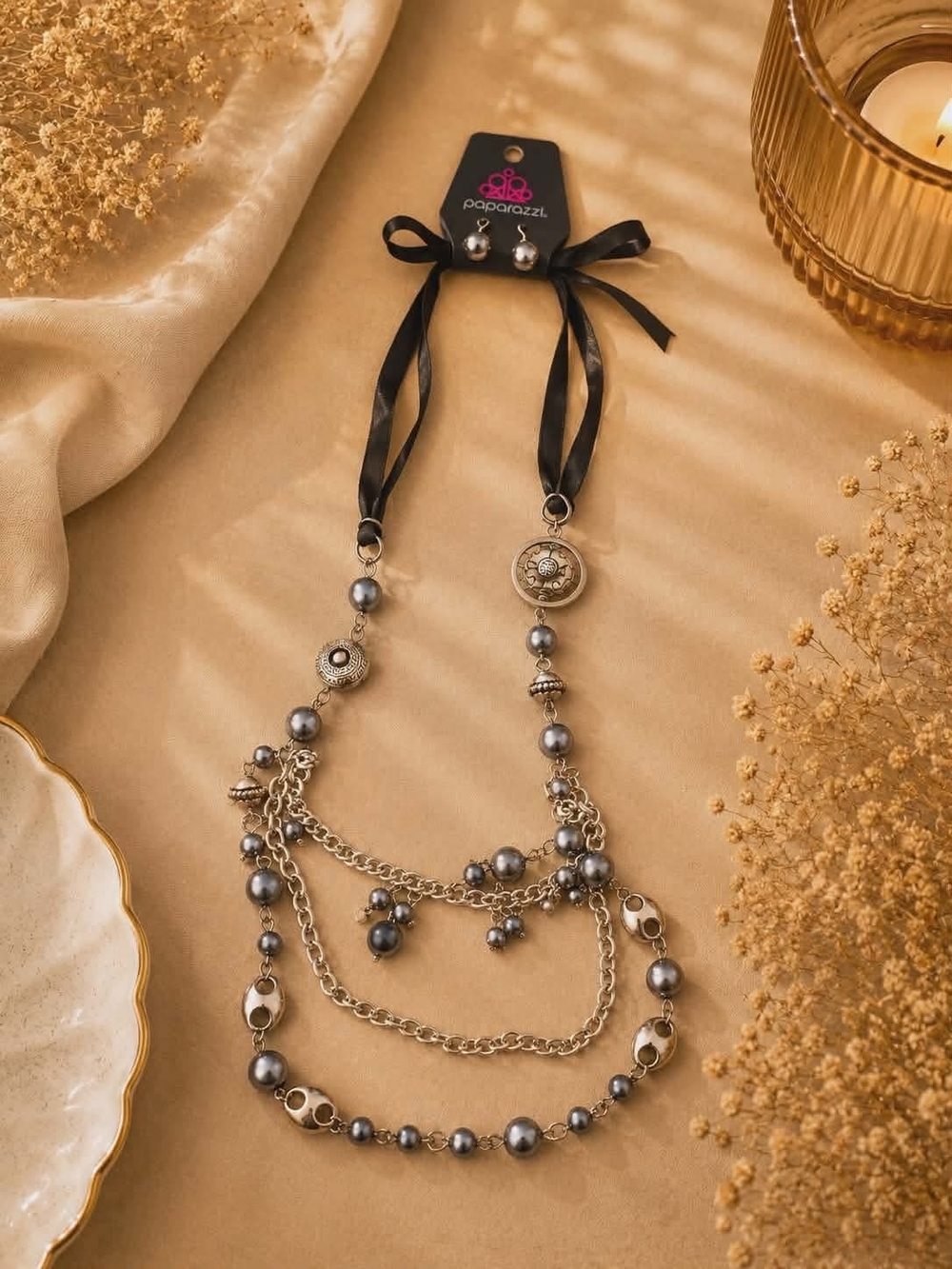paparazzi Silver and Gray Layered Pearl Charm Necklace